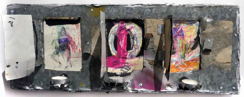  Matt Blackwell,&nbsp; "Cowgirl" "Santos" "Mirage",&nbsp; 2015-16, ink on paper on canvas with tin, 9.25h x 24w x 5.5d in. 